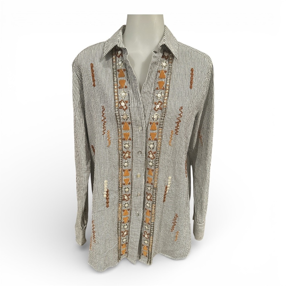 Zara Premium Denim Artisanal Embroidered‎ Seersucker Beaded Sequin Boho Shirt M